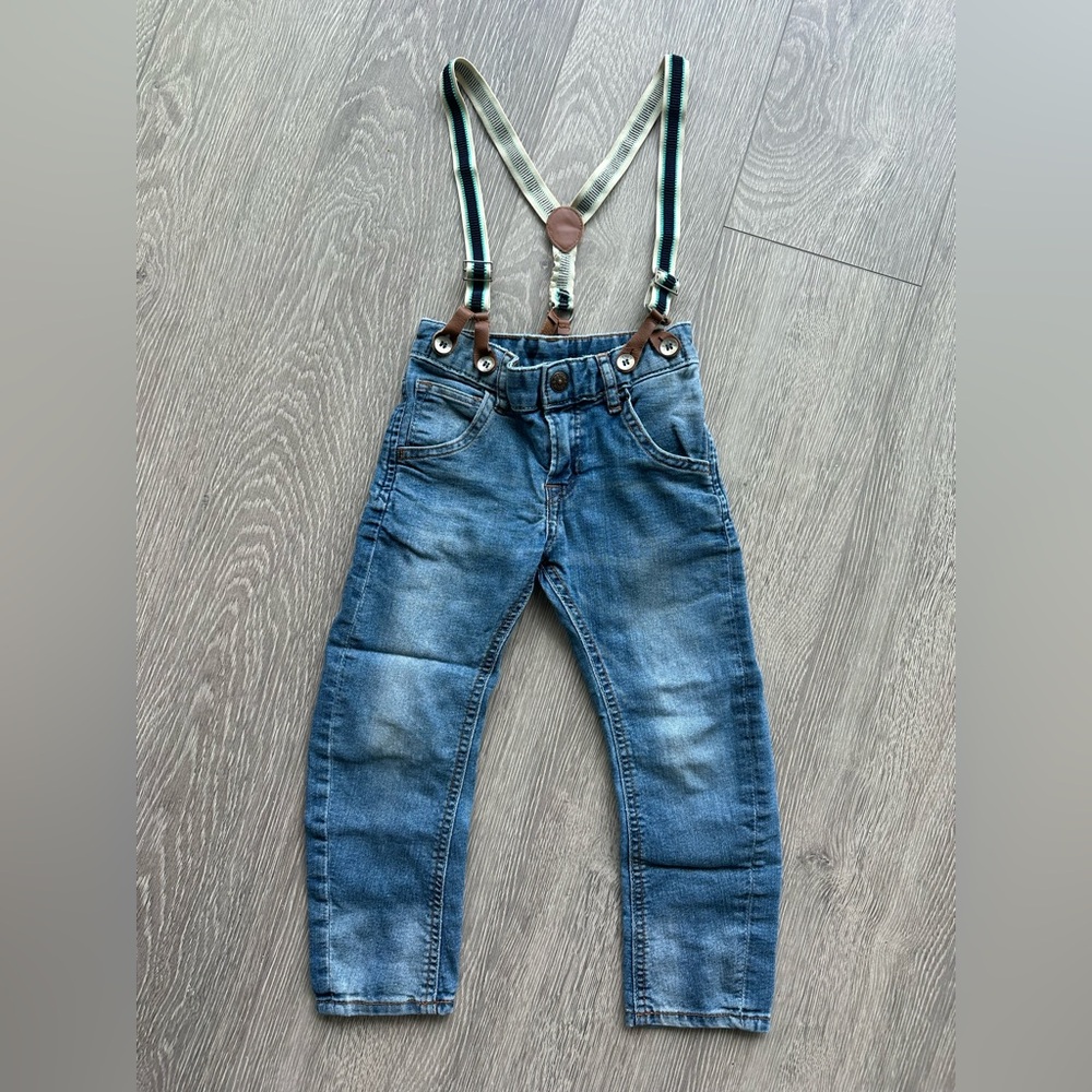 H&M Youth Boys Tapered Blue Denim Jeans with Suspenders Size 2-3Y